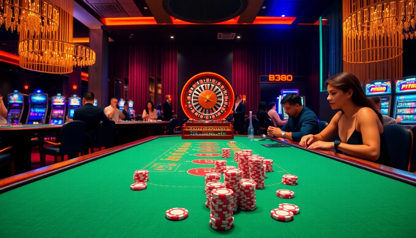 Join the thrilling experience at BJ88 casino with blackjack tables and vibrant slot machines.