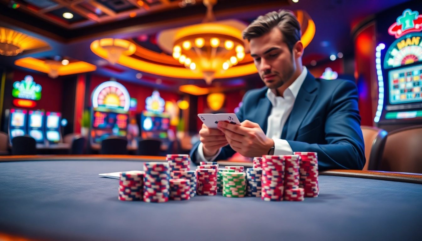 A gambler at a high-stakes poker table showcasing gameplay dynamics at https://777vip.dev/.