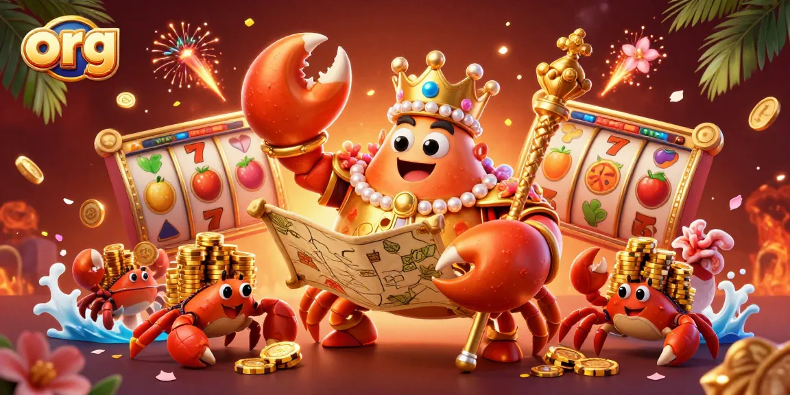 Experience the excitement of winning at org's vibrant online casino, showcasing a golden crab emperor surrounded by slot game features.