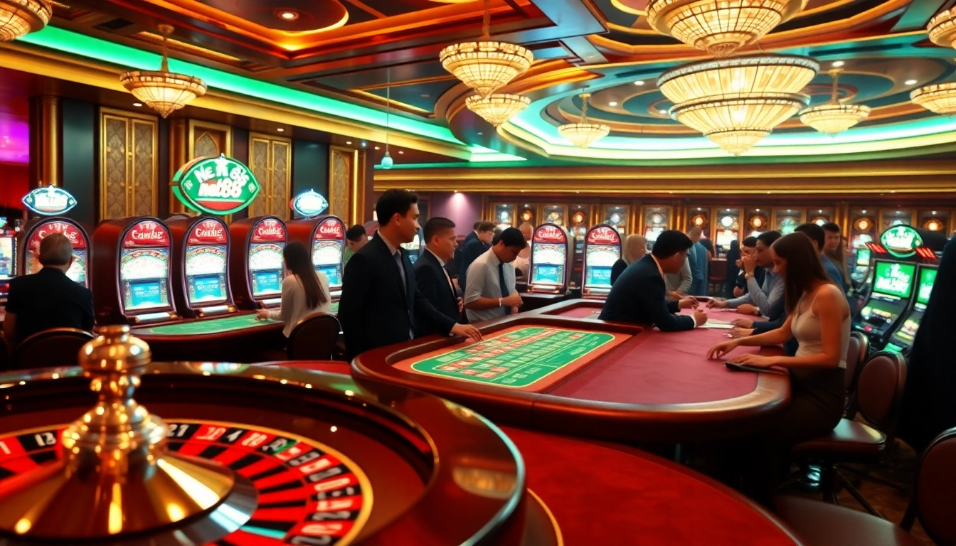 Experience the excitement of net88 with engaging players at a luxurious casino, showcasing roulette and slots.