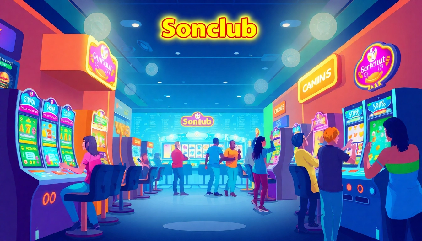 Exciting gaming experience at Sonclub with players engaging in mobile gaming and celebrating wins.