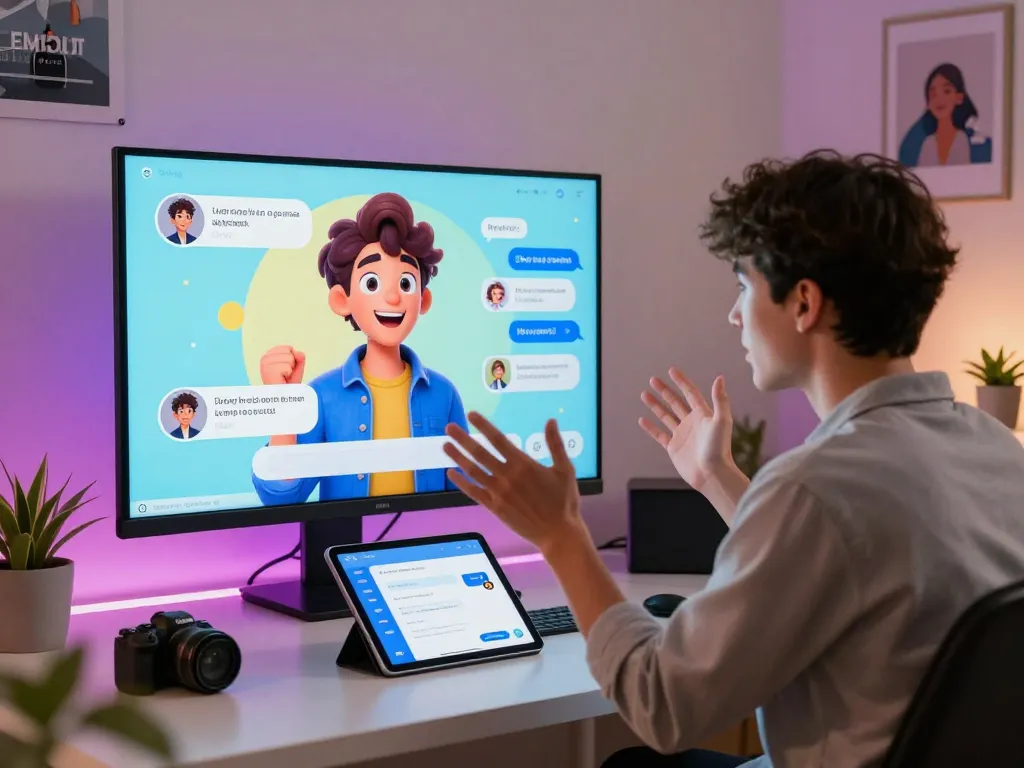 Engaging workspace scene demonstrating crush on ai interaction with vibrant AI character on a large screen.