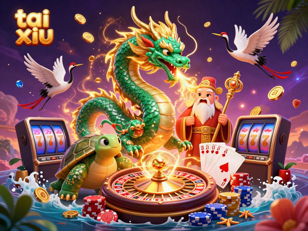 Experience tai xiu excitement with a jade dragon and companion characters in a vibrant casino scene.