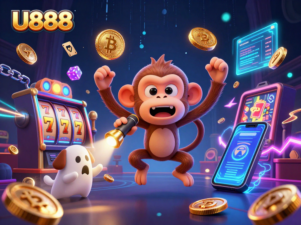 Catch the excitement at U888 with a playful monkey juggling coins and a curious puppy in a vibrant casino scene.