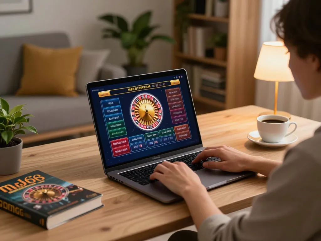 Engaging in mb66 online casino games with vibrant roulette interface on a stylish desk setup