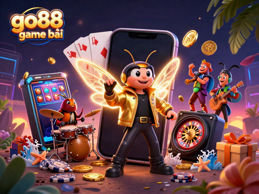 Play go88 game bài with a vivid casino-themed illustration featuring a cicada rock star and dynamic gaming elements.