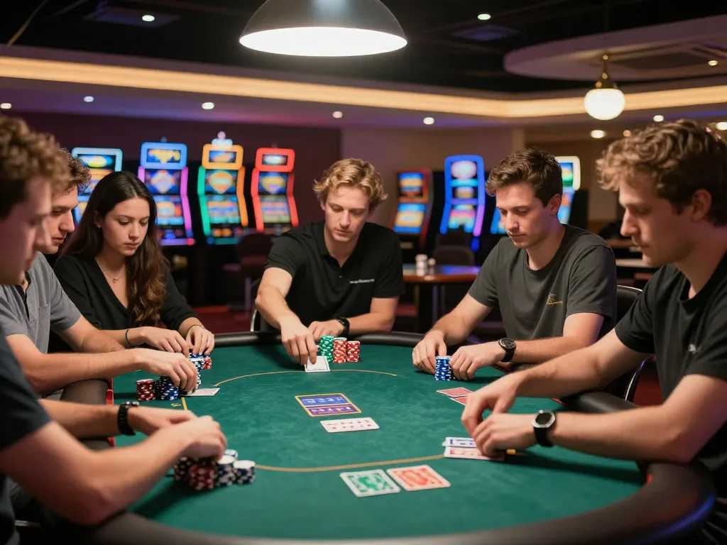 Players strategizing and placing bets at a go8 poker table in a vibrant casino atmosphere
