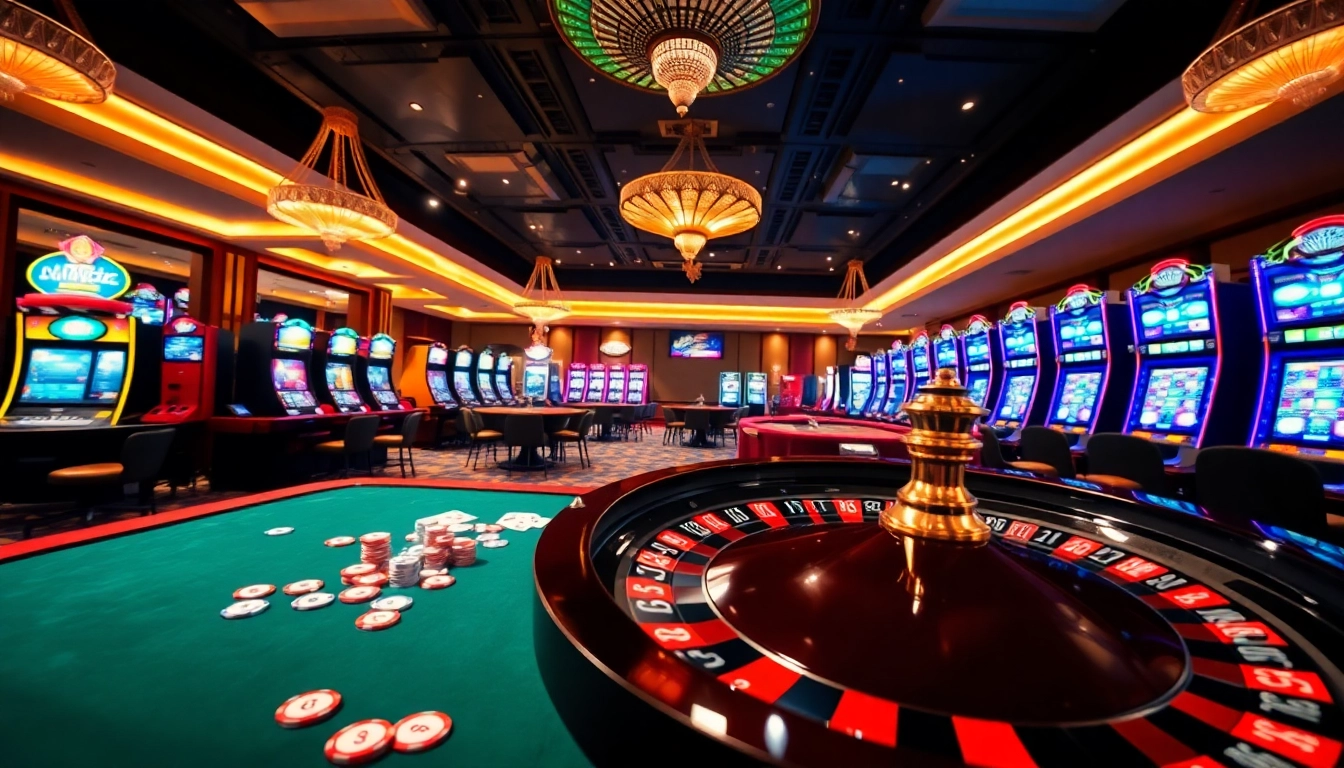 Experience luxury gaming with nhà cái LUCK8's vibrant casino environment featuring roulette and slot machines.