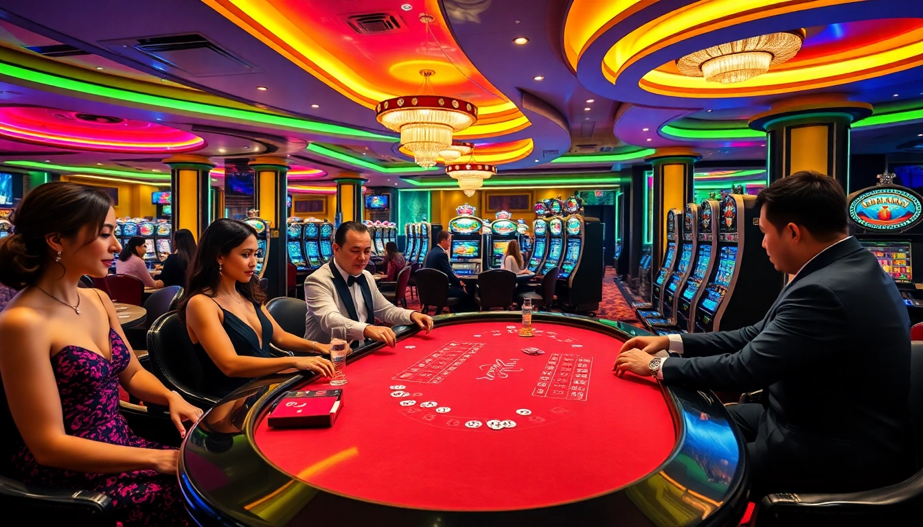Experience the thrilling atmosphere of KK55 casino with players enjoying poker and roulette.