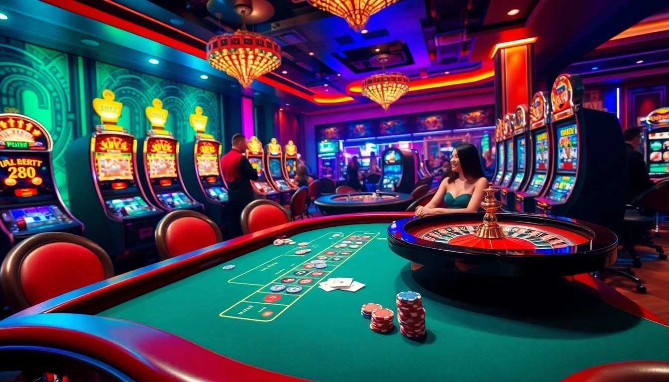 Action-packed scene at Bl555 casino with poker, slots, and roulette games in vibrant colors.