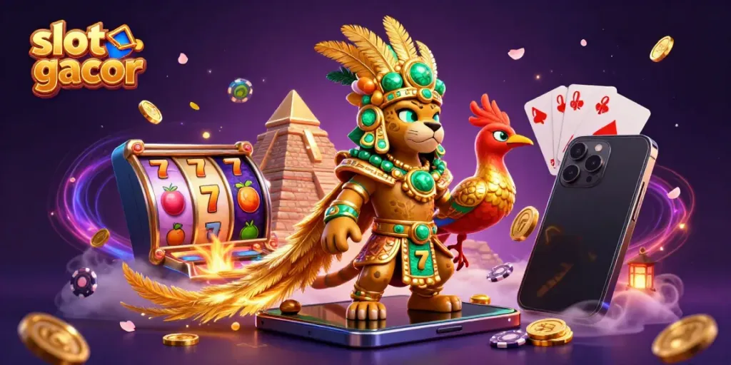 Engage with an exciting slot gacor game scene featuring a Mayan jaguar priest amidst vibrant casino elements.