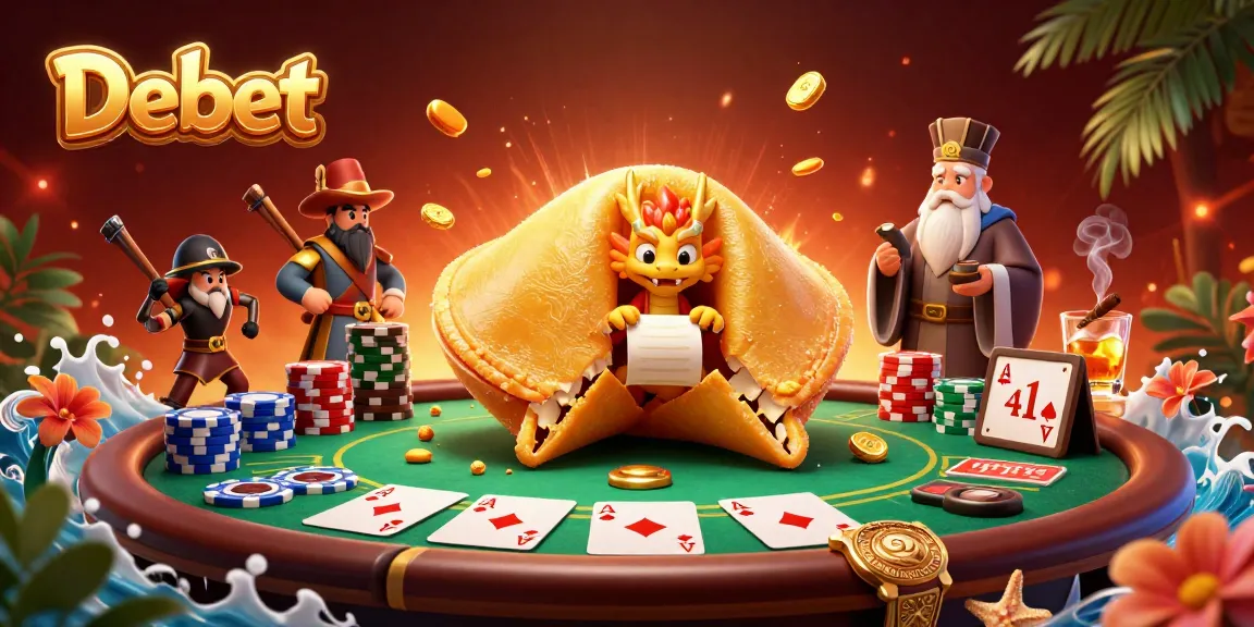 Engage with Debet's thrilling casino atmosphere featuring a dynamic poker scene with a wise dragon.