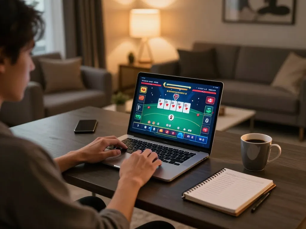 Person enjoying online poker gameplay on 777VIP in a stylish home setting, showcasing responsible gambling.