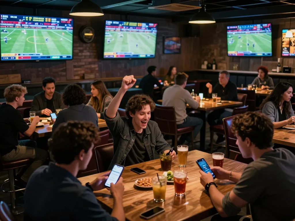 SIN88 experience with dynamic sports betting excitement at a lively sports bar with fans cheering