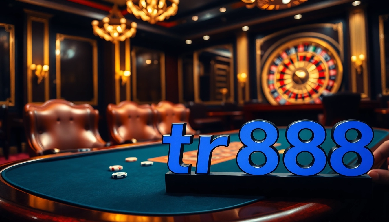 A thrilling poker scene at a luxurious casino, featuring the tr88 branding, vibrant gaming elements, and stylish decor.