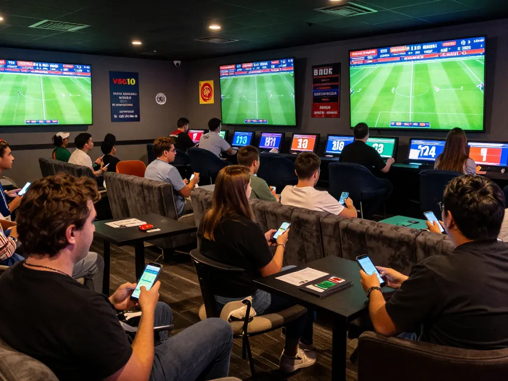 Engaged fans at vsc10 eagerly placing their bets while watching live sports events in a vibrant lounge setting.