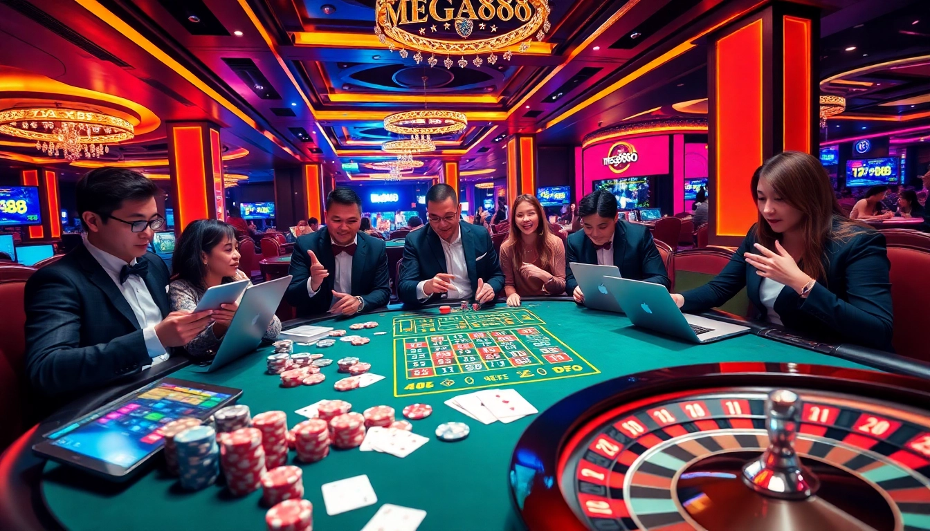 Mega888 players enjoying high-stakes gaming at a vibrant casino table, surrounded by chips and cards.