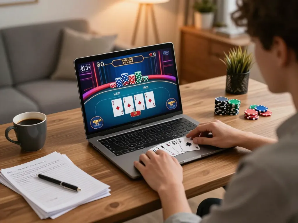 Player enjoying online poker at LU88 while studying game strategy notes for better bankroll management
