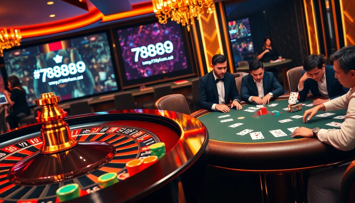 Gambling excitement at https://789fcom.asia/ with a lively casino atmosphere featuring roulette and poker.