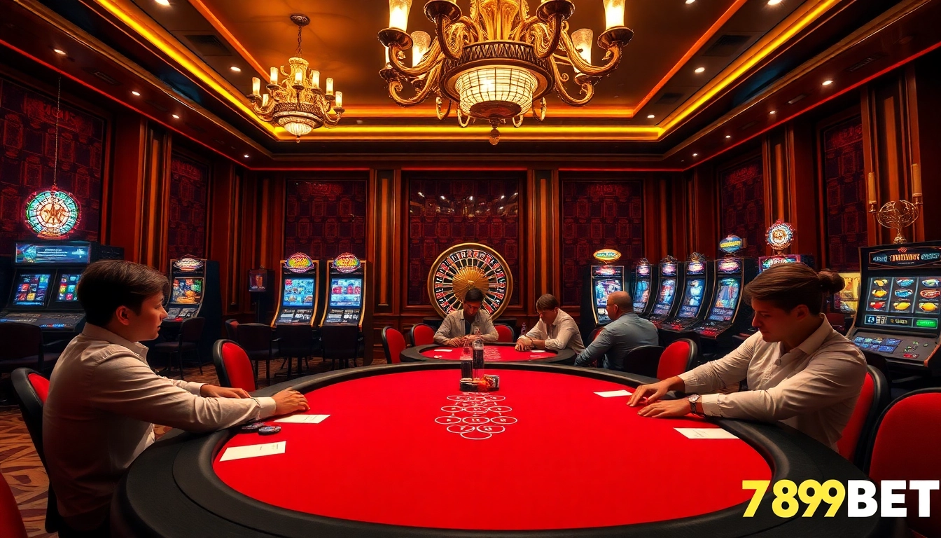 Players strategizing at a poker table in a luxurious 789BET casino atmosphere.