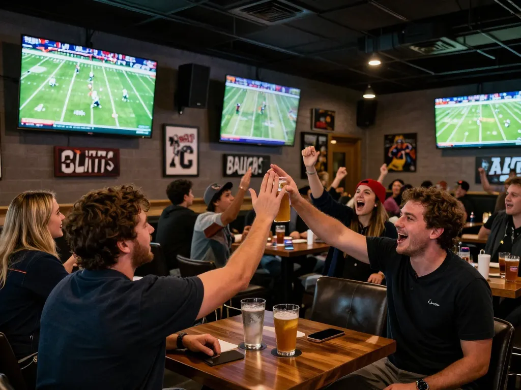 Fans passionately cheering while watching kênh trực tiếp bóng đá xôi lạc tv at a vibrant sports bar.