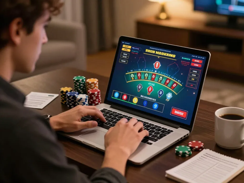 Engaged player enjoying KK 55 online casino gaming experience on a laptop at home