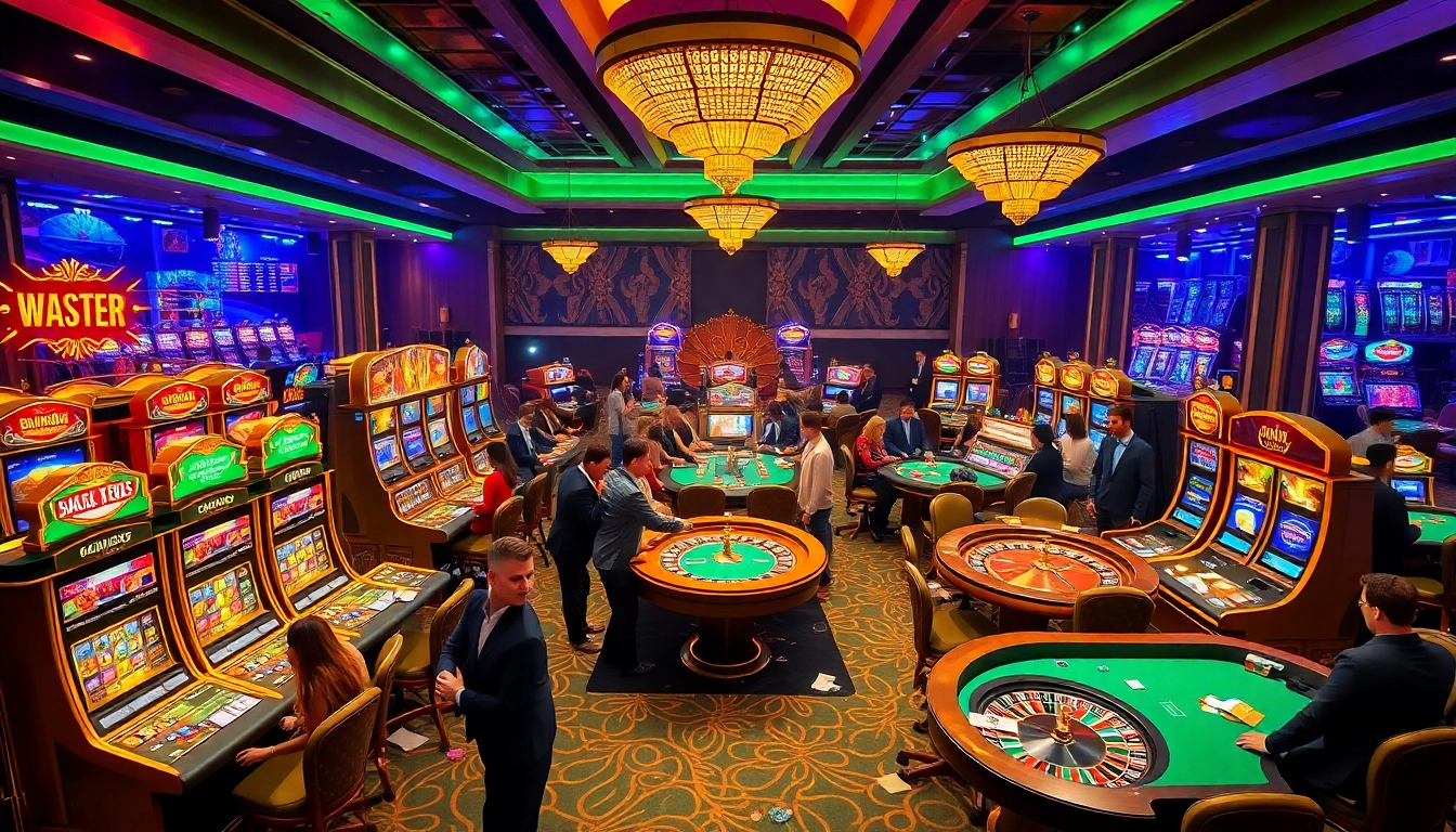 Exciting gambling atmosphere at https://go88casino.pro/ with luxurious gaming tables and vibrant slot machines.