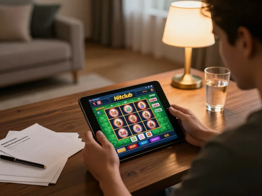 Hitclub user engaging with online casino app, displaying vibrant gaming interface.