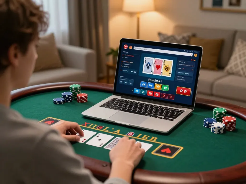 Bong99 player engaging in live dealer blackjack at home, illustrating strategic online gambling.