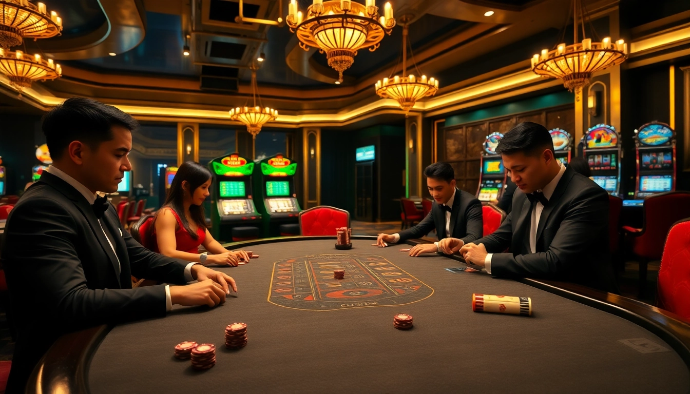 Players enjoying a thrilling poker game at SC88, showcasing excitement in a luxury casino setting.
