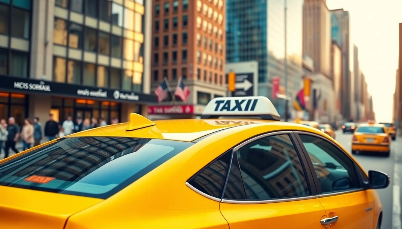 Taxi service in a vibrant city, showcasing a modern yellow taxi amid bustling streets.