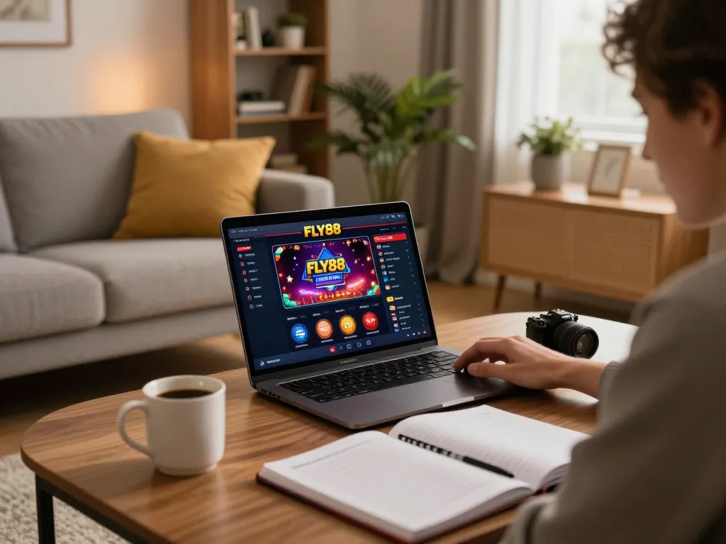 Engaging player using FLY88 for online gambling in a cozy home setting