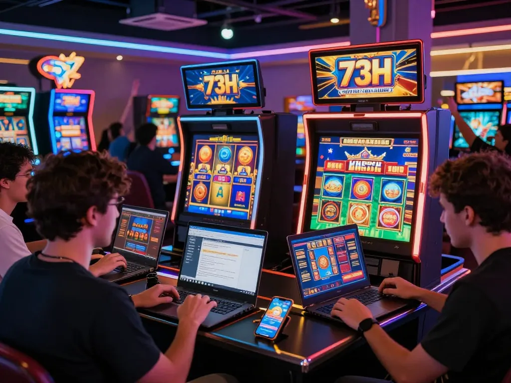 Engaging players enjoying the 73H online gaming platform with colorful slot games and live dealers.