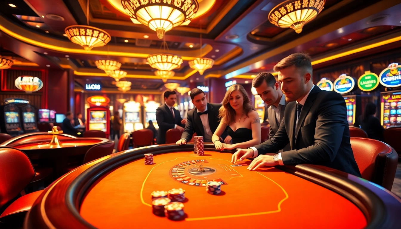 LUCK8 casino scene with vibrant poker table and roulette wheel highlighting excitement.