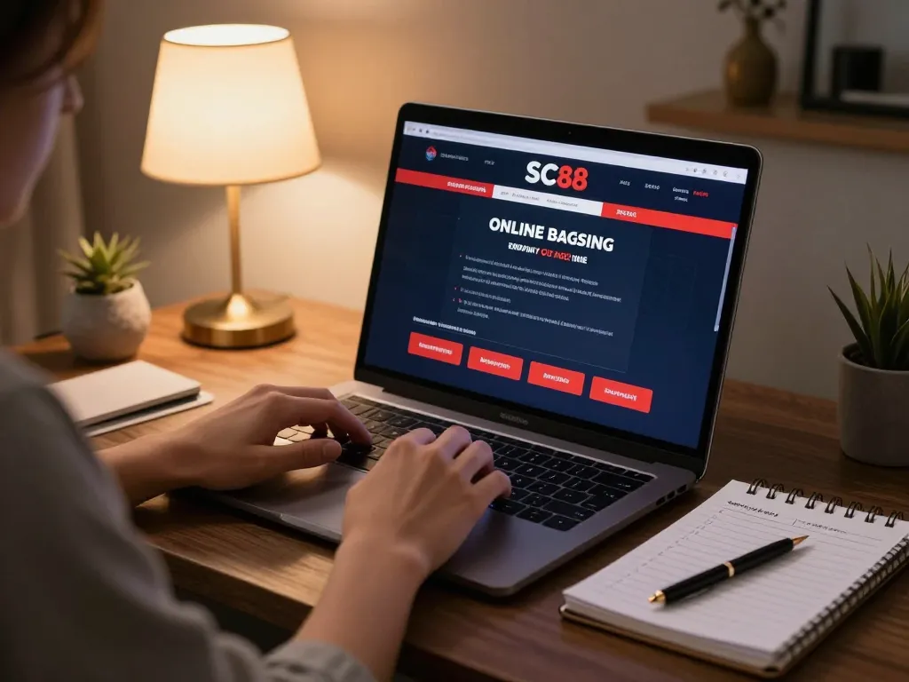 Engaging with SC88 online casino on a laptop in a cozy living room setting