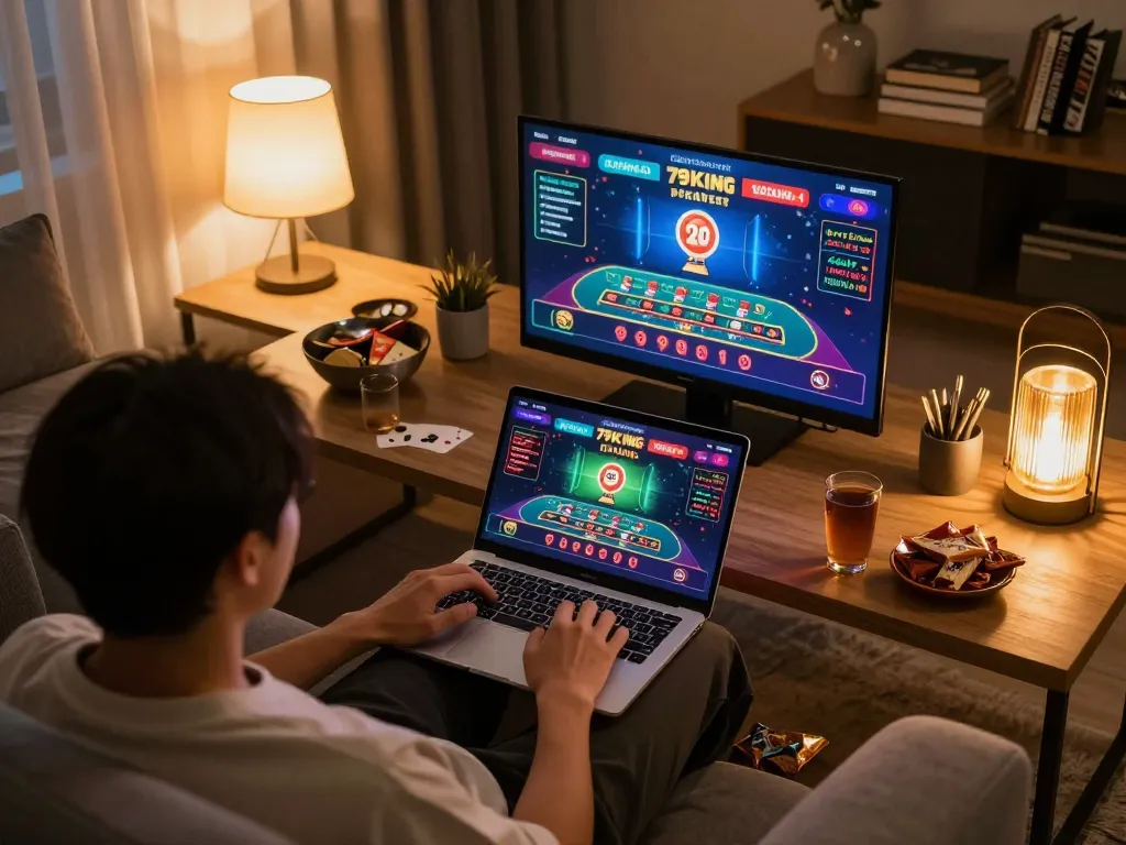 Experience engaging gameplay at 79KING casino on a modern laptop, cozy home atmosphere