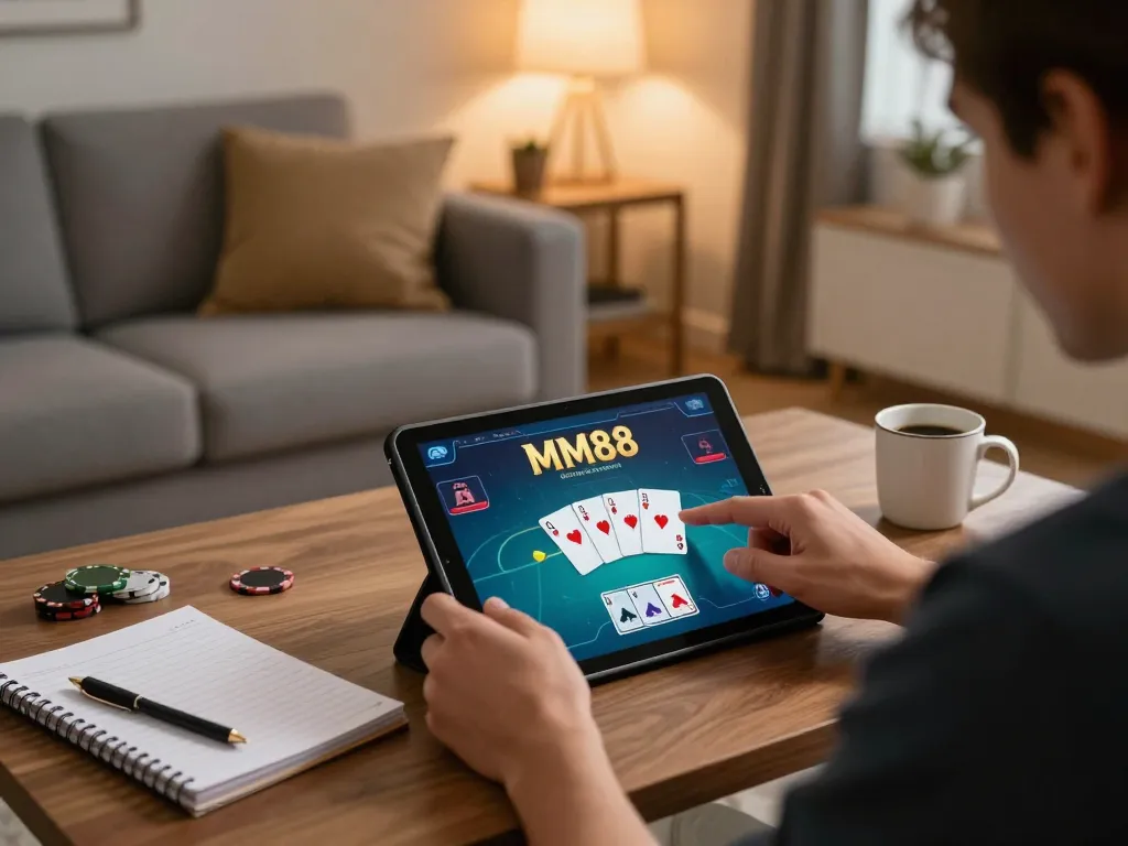 Player enjoying an engaging MM88 poker game at home, surrounded by a cozy atmosphere and gaming strategy notes.