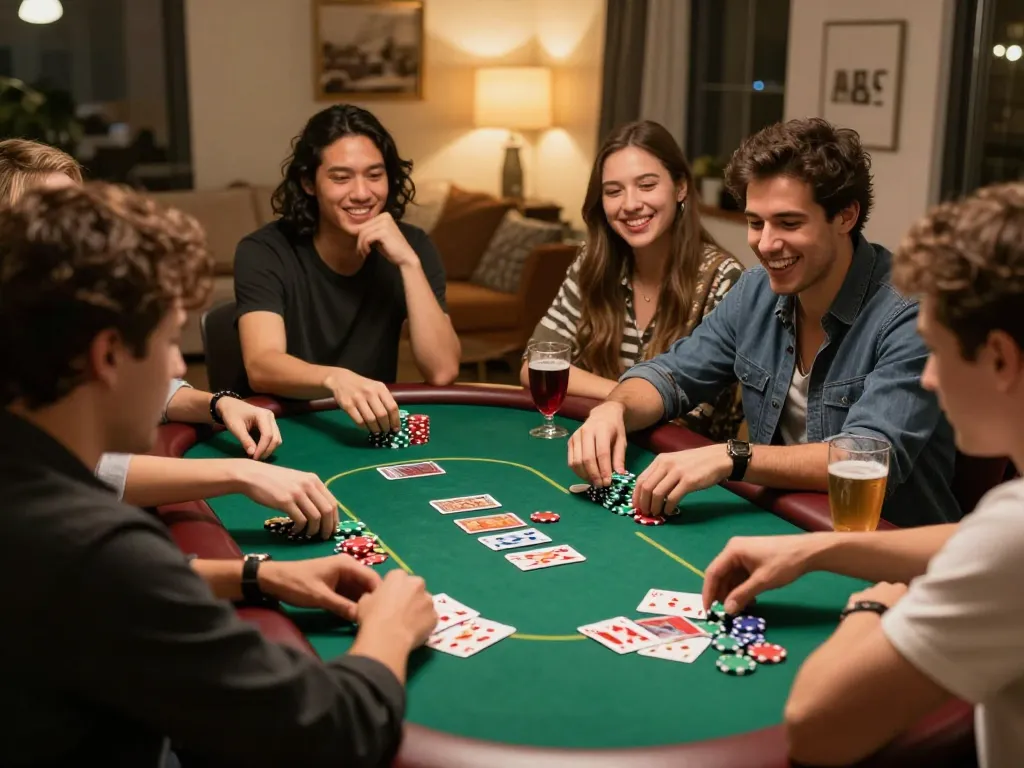 Friends enjoying competitive poker night at home with luck8biz gaming experience