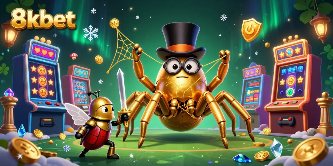Experience the thrilling world of 8xbet as a cartoon tarantula spins a golden web among casino slots and coins.