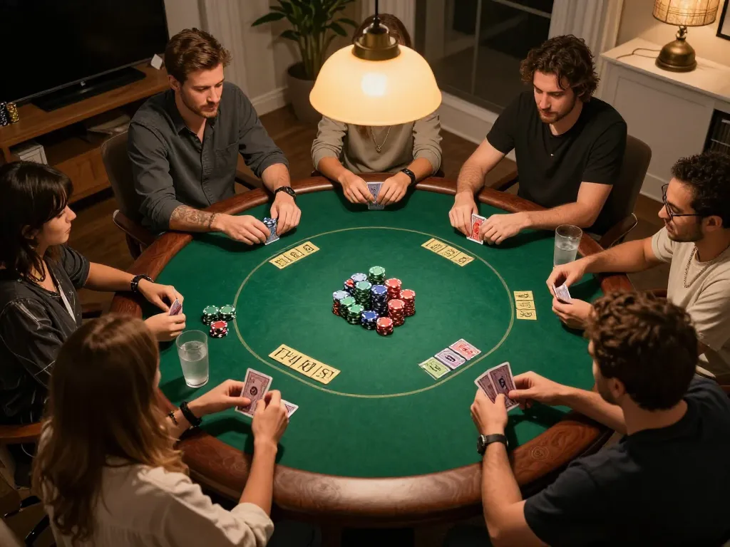 Engaged friends playing vb88 poker game at home with colorful chips and cards.