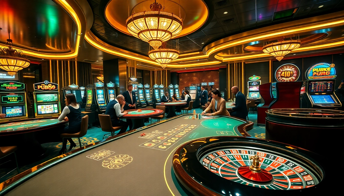 PUB88 gamblers enjoying an exciting casino experience with cards, chips, and vibrant slot machines.