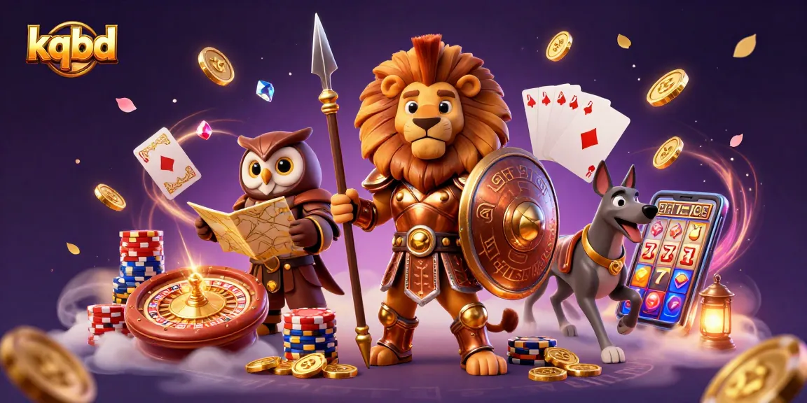 KQBD showcases an epic scene with a Spartan lion, owl, and greyhound amidst dynamic casino elements, capturing the thrill of betting.