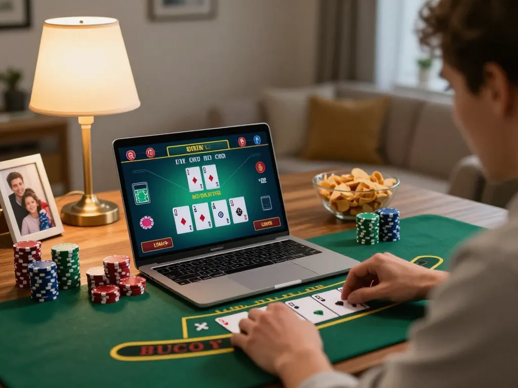 Player engaging in live dealer blackjack online at home, enjoying the lc88 gaming experience in a cozy setting