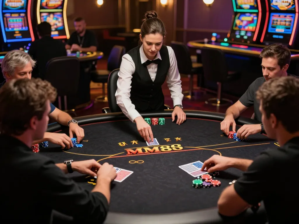 MM88 poker players strategizing during an engaging high-stakes game in a luxurious casino.