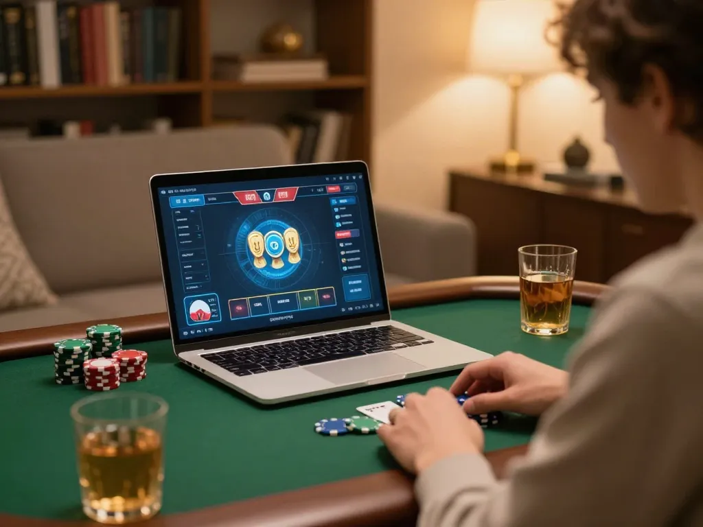 E2BET user enjoying online poker game at home, showcasing strategic gameplay and responsible gambling.