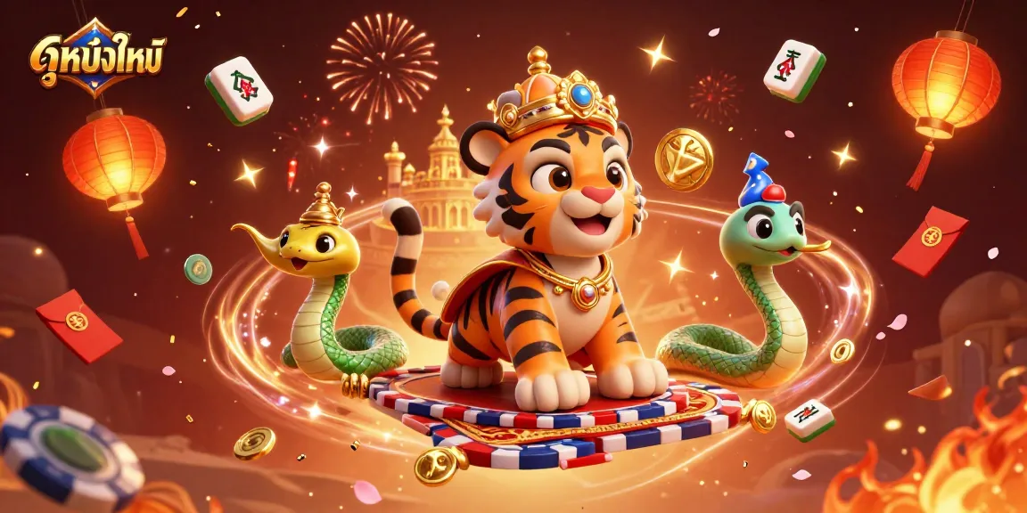 Experience ดูหนังใหม่ seamlessly, featuring a vibrant scene with casino elements and festive characters.
