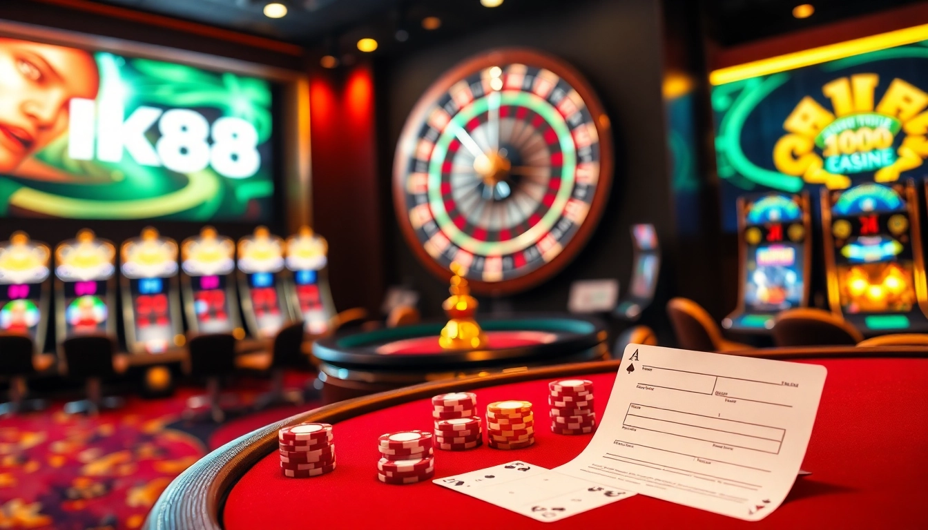 Experience the thrilling atmosphere of NK88 with an elegant poker table and roulette wheel.