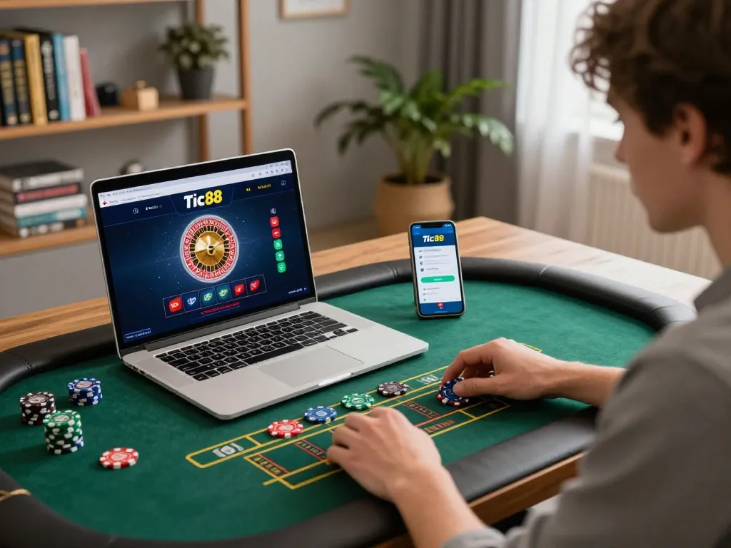 Tic88 online casino gameplay featuring a user focused on the roulette table in a modern home office.