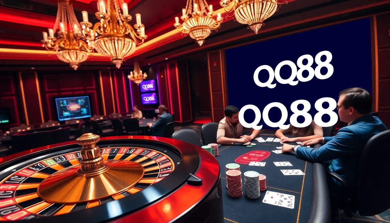 Experience the thrill of betting at QQ88 with vibrant roulette wheels and colorful casino chips.