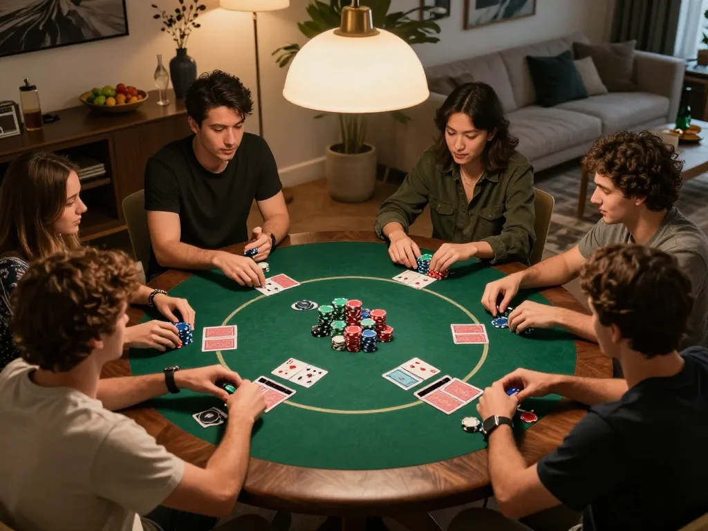Engaged players enjoying a poker game night at home with 789win strategy elements.